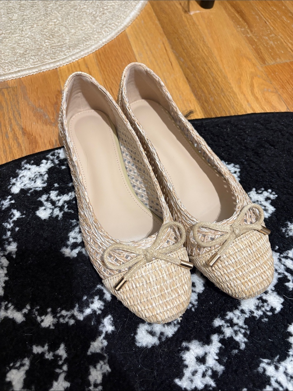 Woven Bow Ballet Flats - Beige